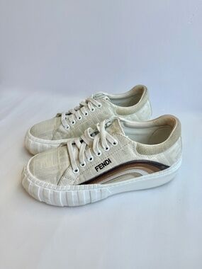 Fendi Cream Canvas Low-Top Sneakers with Brown Accent